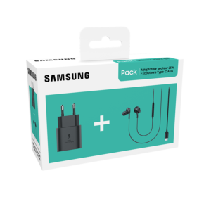 Pack Kit Pieton Adaptateur secteur Samsung ultra rapide 25W Noir + Ecouteurs filaires intra-auriculaires Type-C AKG Noir