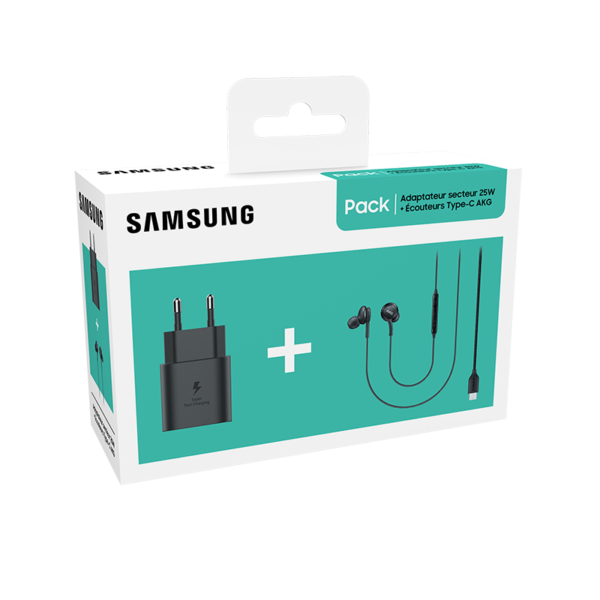 Pack Kit Pieton Adaptateur secteur Samsung ultra rapide 25W Noir + Ecouteurs filaires intra-auriculaires Type-C AKG Noir