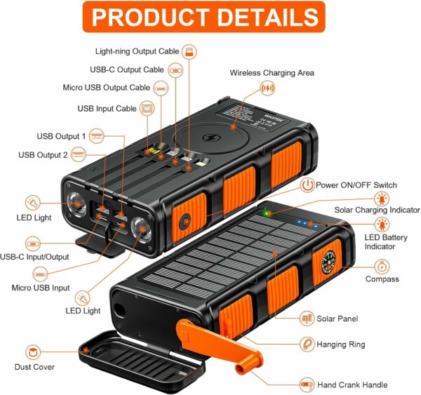 Powerbank Solaire sans Fil de 26800mAh avec Manivelle & 4 Câbles, USB-C PD 15W 3A Batterie Externe 7 Sorties & 4 Entrées – Image 2
