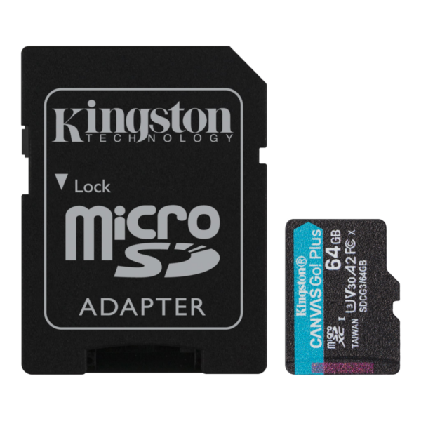 Kingston Canvas Go Plus microSD Carte mémoire Classe 10, UHS-I 64Go microSDXC 170R A2 U3 V30 Card + ADP – Image 2