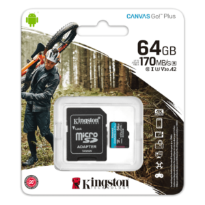 Kingston Canvas Go Plus microSD Carte mémoire Classe 10, UHS-I 64Go microSDXC 170R A2 U3 V30 Card + ADP