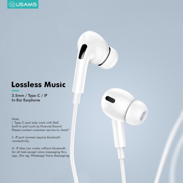 USAMS EP-41 Type-C intra-auriculaire 1,2 m Blanc Android Type C – Image 2