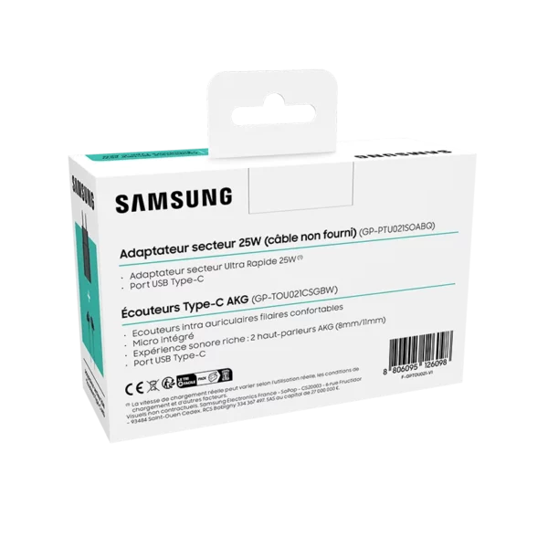 Pack Kit Pieton Adaptateur secteur Samsung ultra rapide 25W Noir + Ecouteurs filaires intra-auriculaires Type-C AKG Noir – Image 2